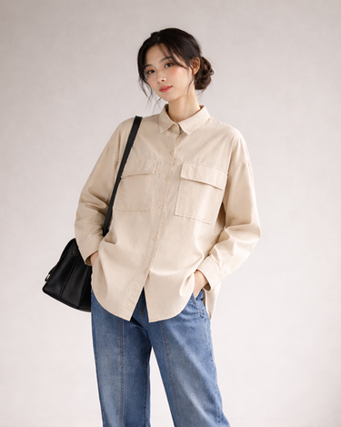 Double Flap Pocket Boxy Oversized Shirt Ivory Beige