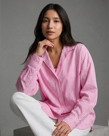 Women's Oversized Pink White Button-Up Shirt