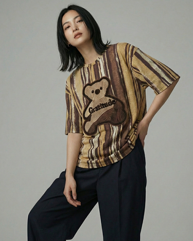 Gratitude Teddy Striped Embroidered Patched Drop Shoulder Oversized Tee