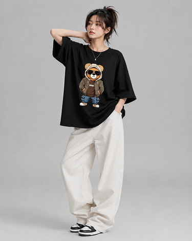 Bear Bruh Graphic Drop Shoulder Oversized T-shirt Black