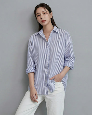 Women's Oversized Blue White Button-Up Shirt