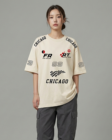 Team FR Chicago Graphic Drop Shoulder Oversized T-shirt Beige