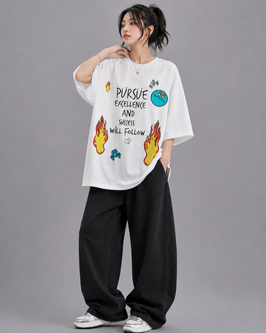 Pursue Excellence Graphic Drop Shoulder Oversized T-shirt White