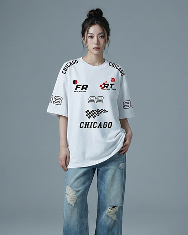 Team FR Chicago Graphic Drop Shoulder Oversized T-shirt White