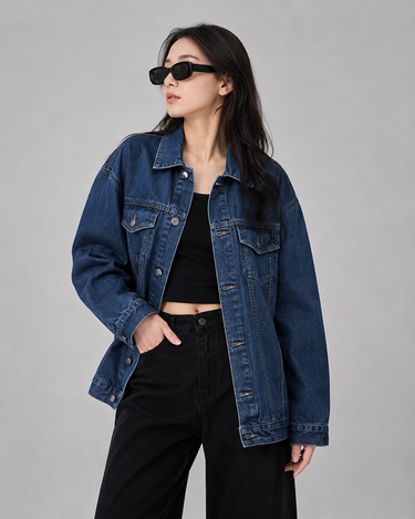 Denim Blue Medium Wash Oversized Denim Jacket