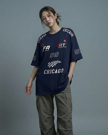 Team FR Chicago Graphic Drop Shoulder Oversized T-shirt Navy