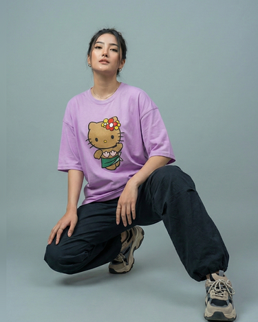 Hi Kitty Embroidered Patched Drop Shoulder Oversized Tee Lavender