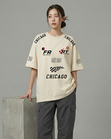 Team FR Chicago Graphic Drop Shoulder Oversized T-shirt Beige