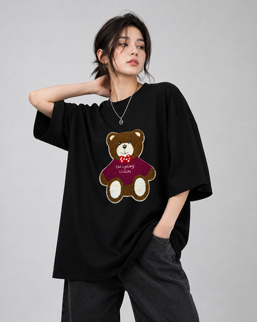 Coco Bear Embroidered Patched Drop Shoulder Oversized Tee Black