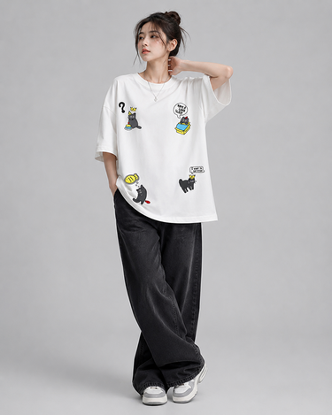 Cat Thoughts Graphic Drop Shoulder Oversized T-shirt