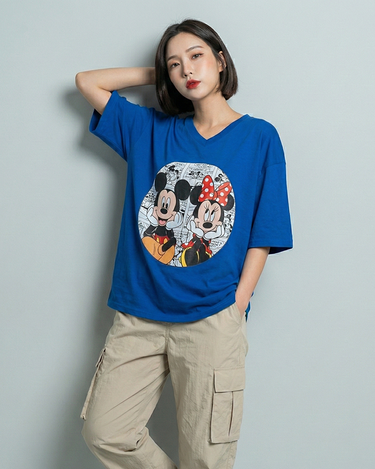 Disney Mickey Graphic Vneck Drop Shoulder Oversized Tee Blue