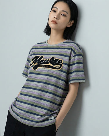 Message Striped Embroidered Patched Oversized Tee