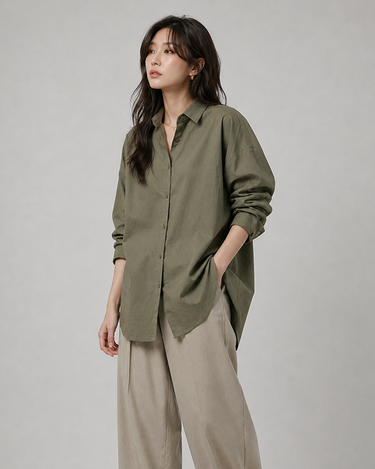 Women's Oversized Olive Green Button-Up Shirt