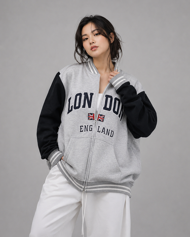 London Embroidered Zipper Baseball Jacket Grey