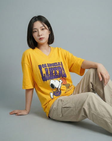 Lakers Graphic Vneck Drop Shoulder Oversized Tee Yellow