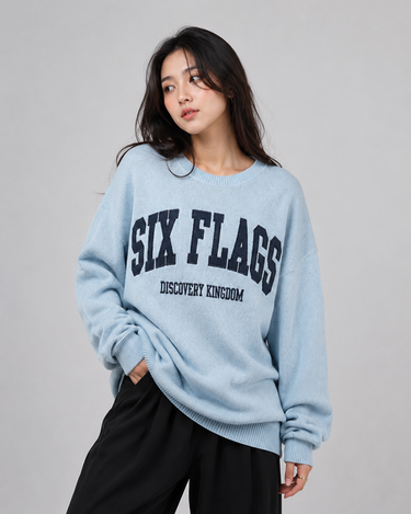 Six Flag Embroidered Irish Knitted Sweater Blue