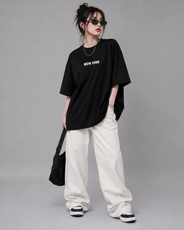 New York Graphic Drop Shoulder Oversized T-shirt Black