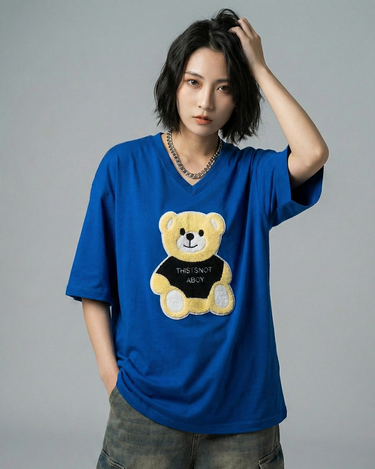 Moschino Embroidered Patched Oversized V-Neck Tee Blue