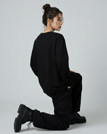 Rose Embroidered Patched Long Sleeves Oversized Tee Black