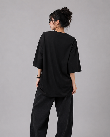 Slogan Embroidered Patched Drop Shoulder Oversized Tee Black