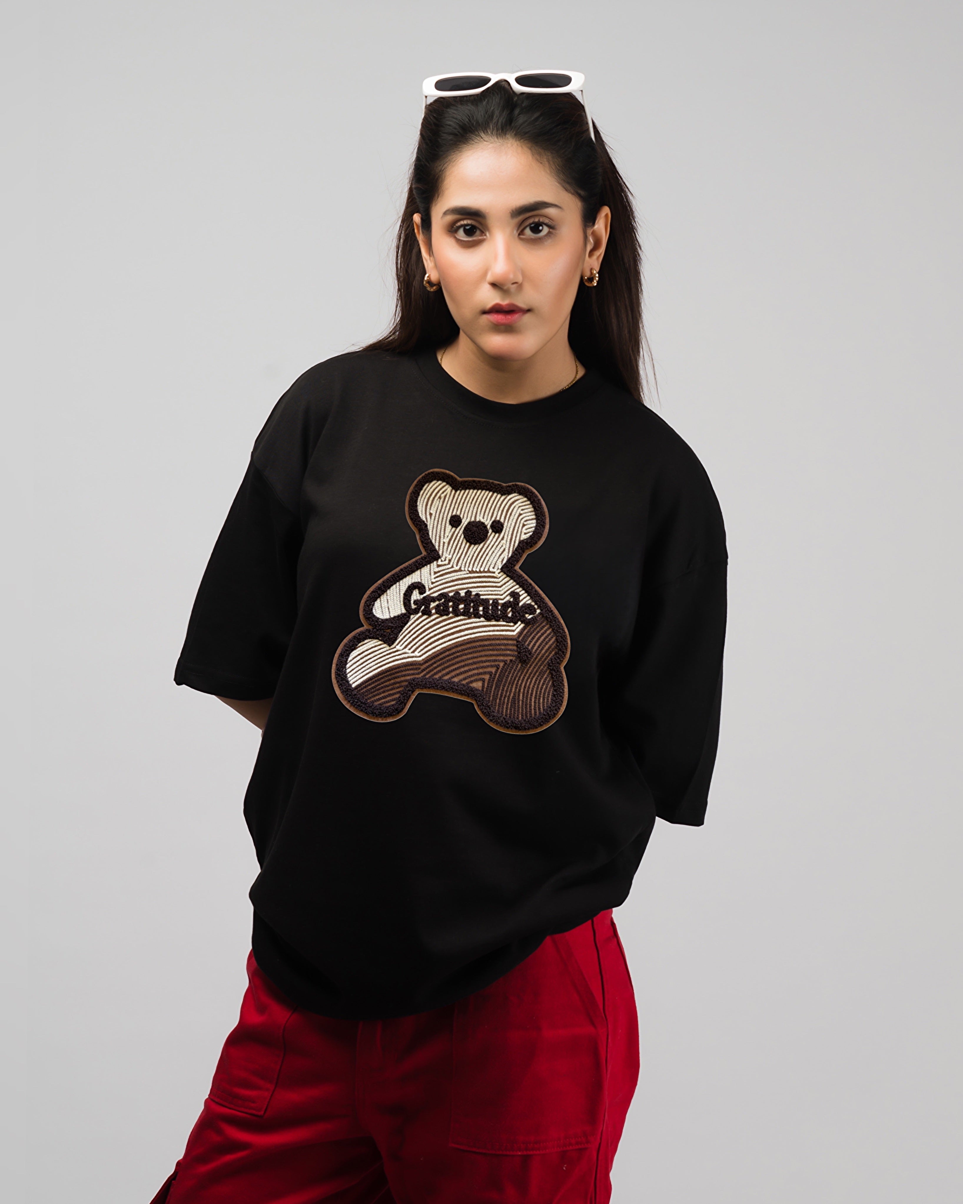 Greeter Tees Gratitude Teddy Embroidered Patched Drop Shoulder Oversized Tee Black ...