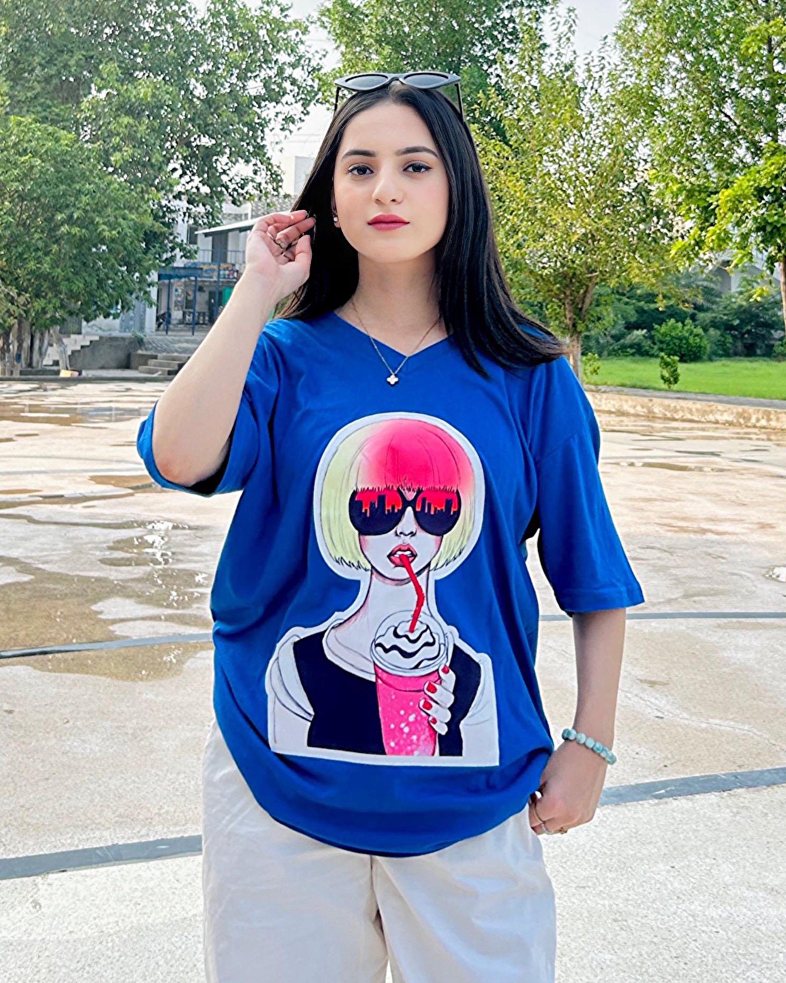 Vaccy Girl Graphic Patched Vneck Drop Shoulder Oversized Tee Blue