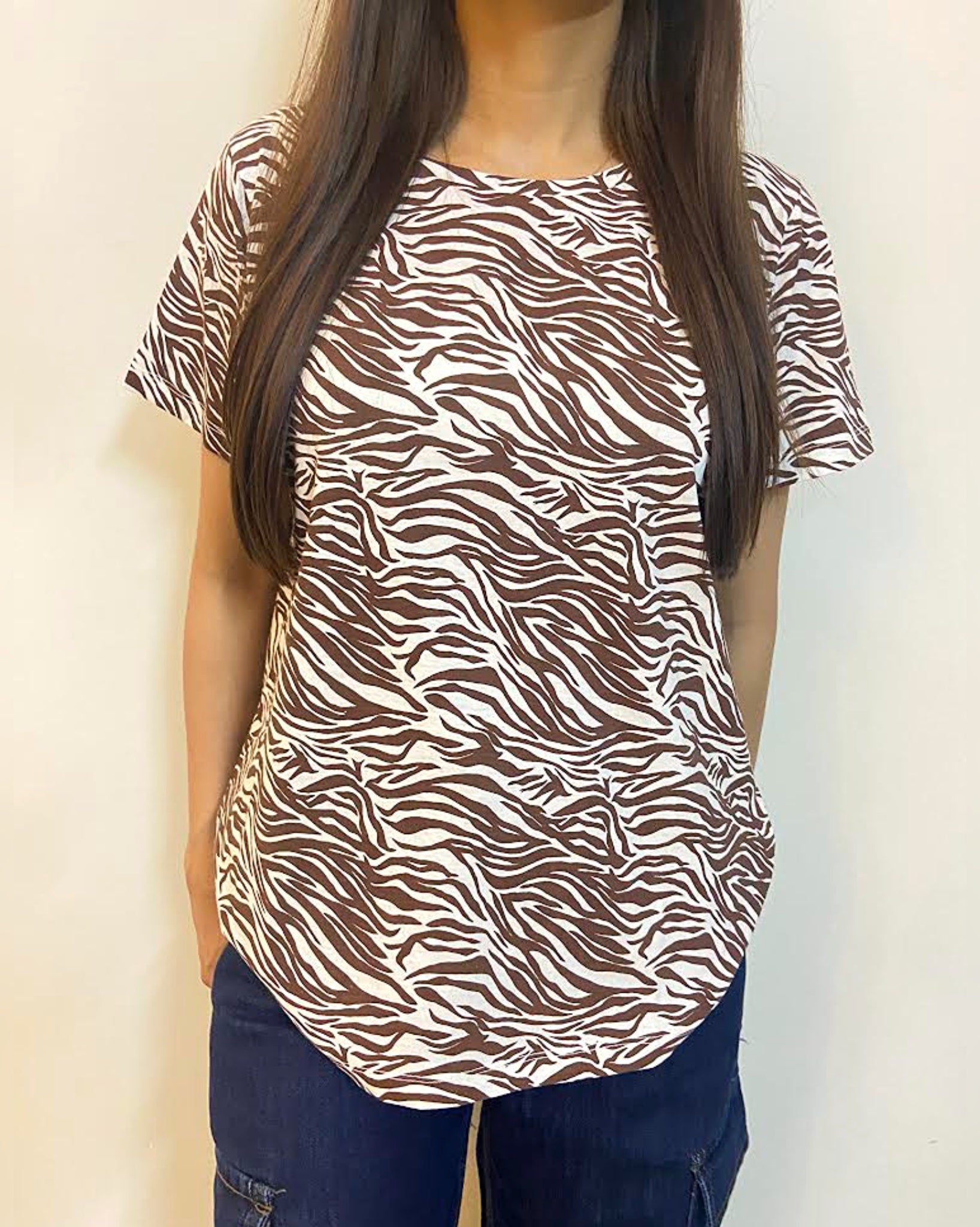 Zebra Crew Neck Short Sleeve All over Graphic Tee Brown