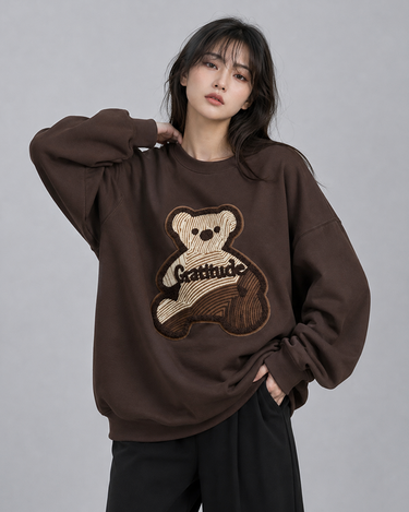 Gratitude Bear Embroidered Patched Oversized Sweatshirt