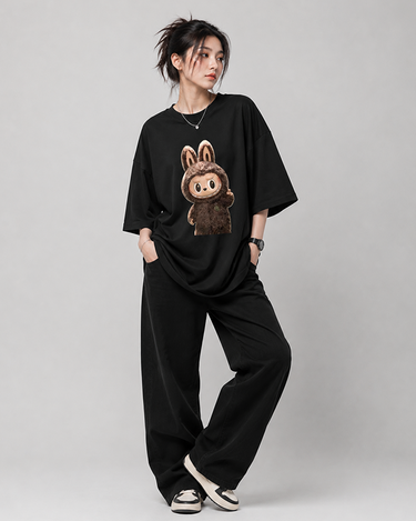 Hi Labubu Graphic Drop Shoulder Oversized Tee Black