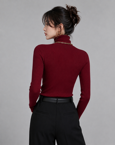 Turtleneck Ribbed Knitted Sweater Maroon