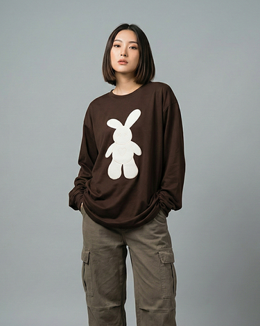 Dope Teddy Embroidered Patched Long Sleeve Drop Shoulder Oversized Tee Brownie