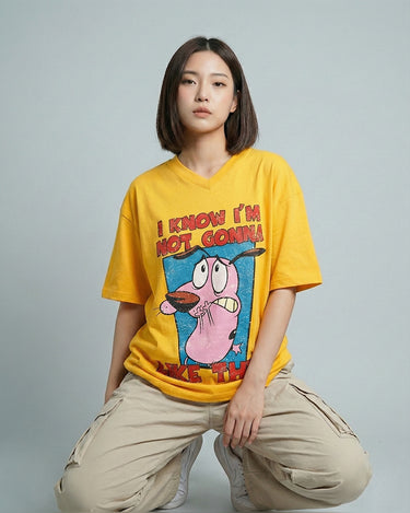 Courage Dog Graphic Vneck Drop Shoulder Oversized Tee Yellow