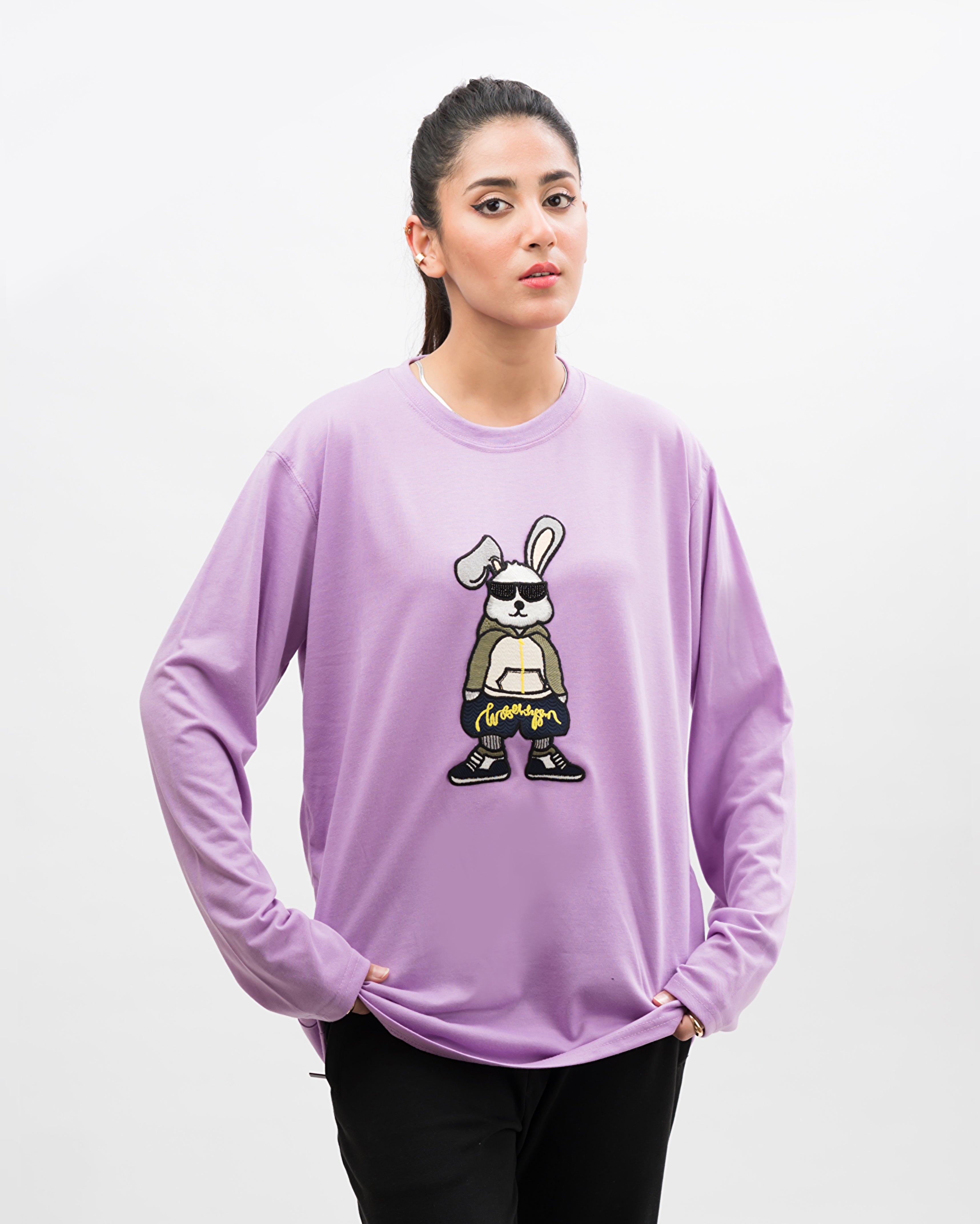 Roger Rabbit Embroidered Patched Long Sleeves Oversized Tee Lavender