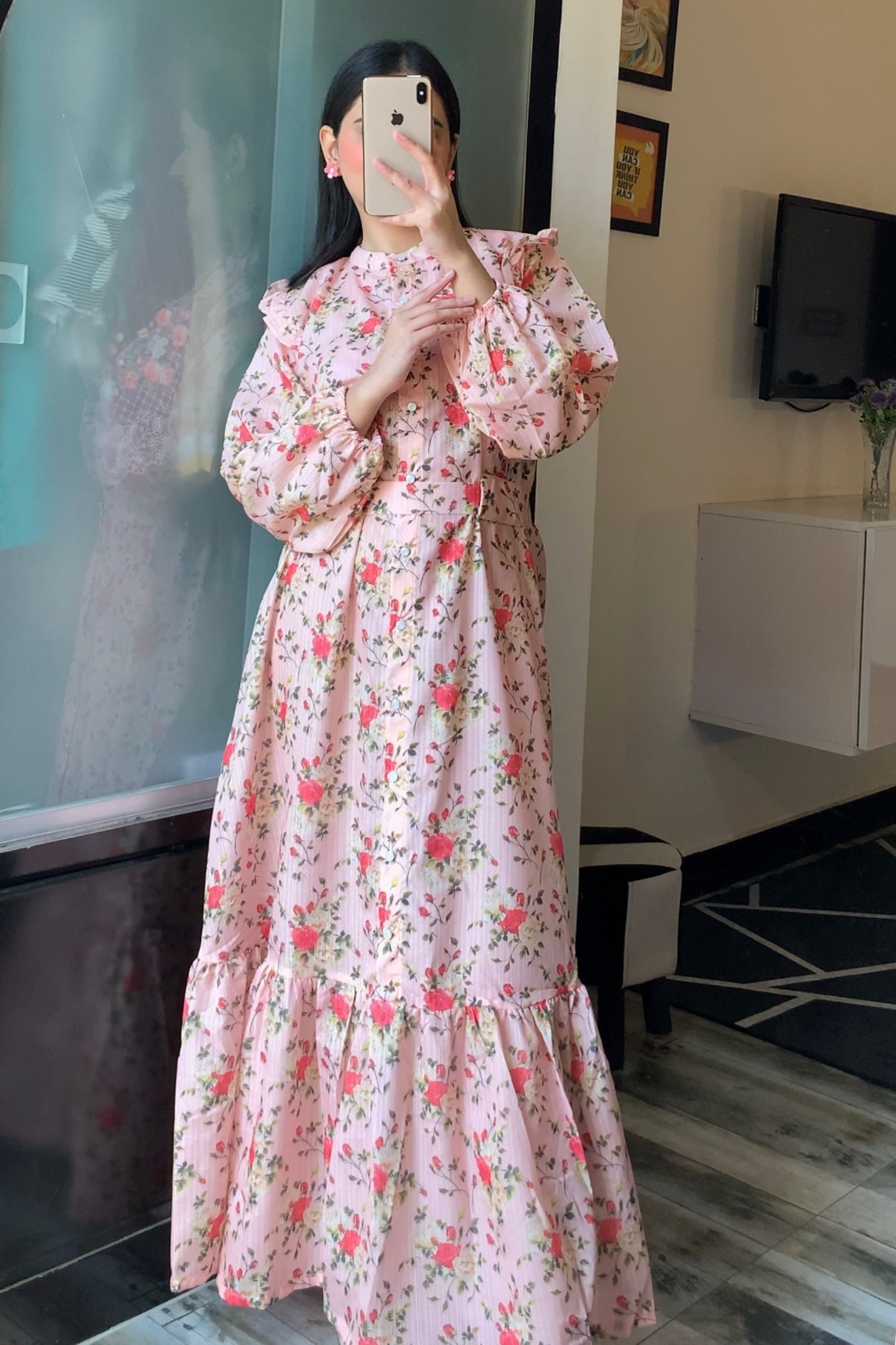 Long pink floral dress best sale