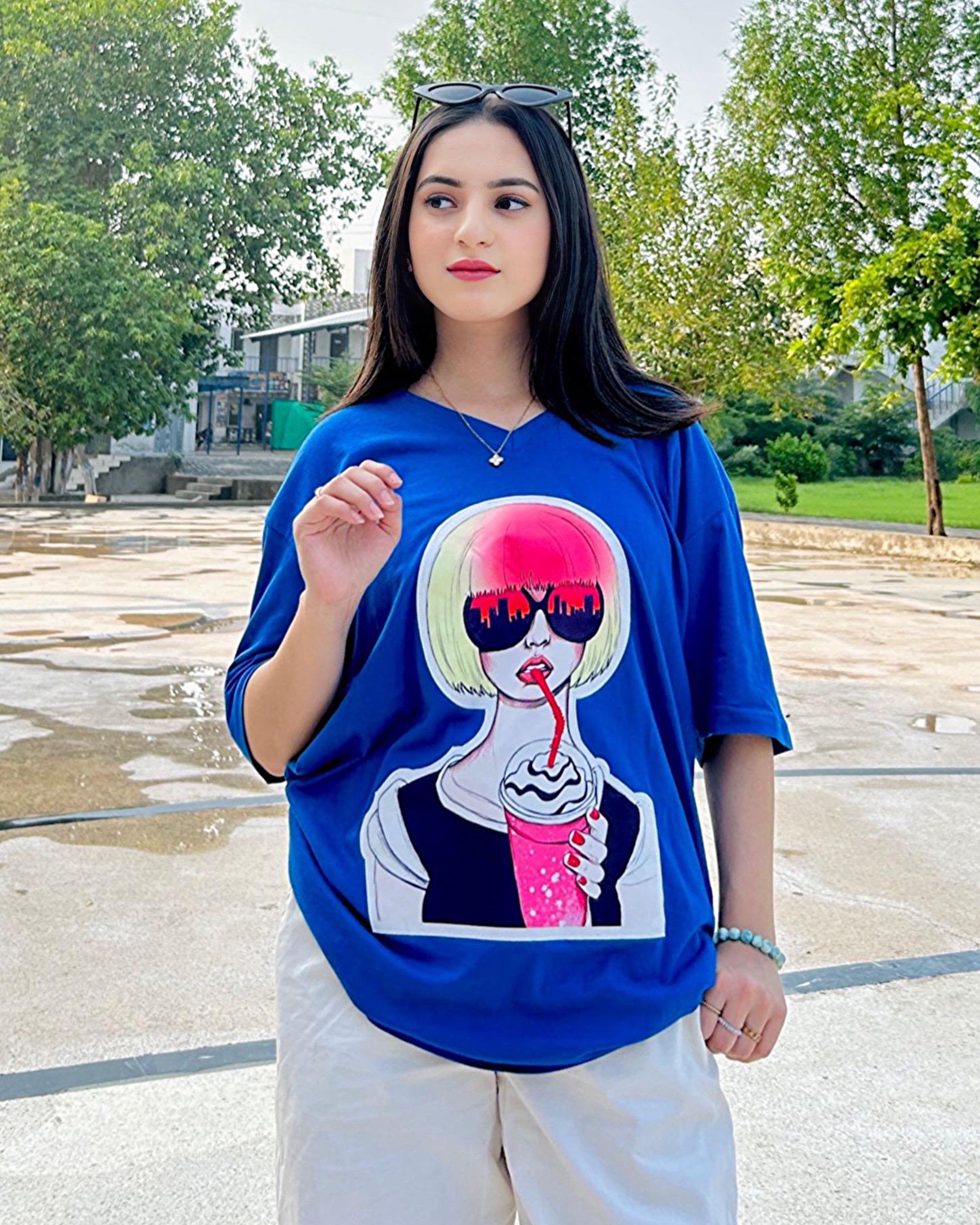 Vaccy Girl Graphic Patched Vneck Drop Shoulder Oversized Tee Blue