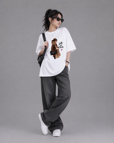 Fall In Love Girl Graphic Drop Shoulder Oversized T-shirt