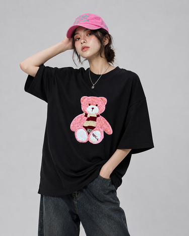 Pink Teddy Embroidered Patched Drop Shoulder Oversized Tee Black