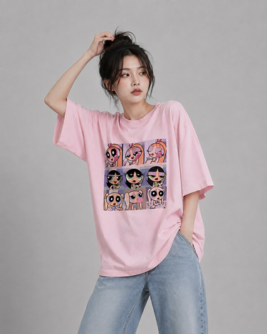 Powerpuff Girls Graphic Drop Shoulder Oversized Tee Pink