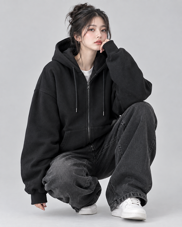 Classic Black Zipper Oversized Hood