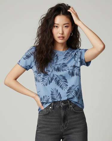 Leaf Print Crew Neck Short Sleeve All over Graphic Tee