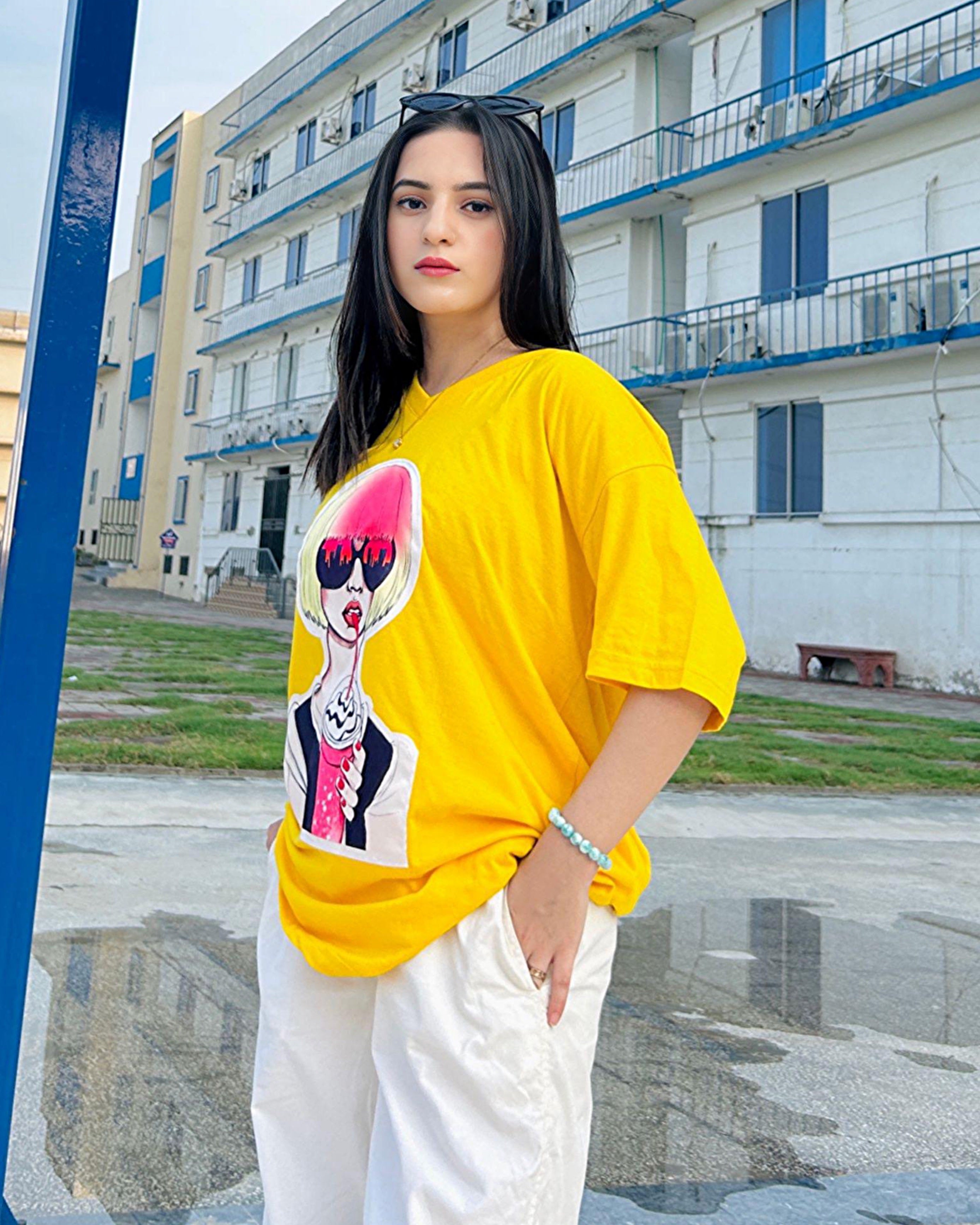 Vaccy Girl Graphic Patched Vneck Drop Shoulder Oversized Tee Yellow