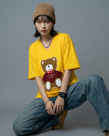 Coco Bear Embroidered Patched Oversized V-Neck Tee Yellow