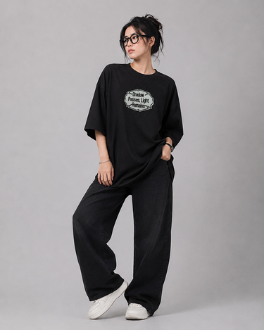 Slogan Embroidered Patched Drop Shoulder Oversized Tee Black