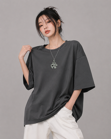 Wild Walker Embroidered Patched Drop Shoulder Oversized Tee Dark Grey