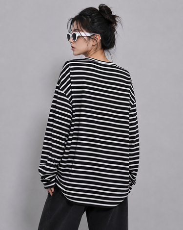 Striped Drop Shoulder Long Sleeve Oversized Tee