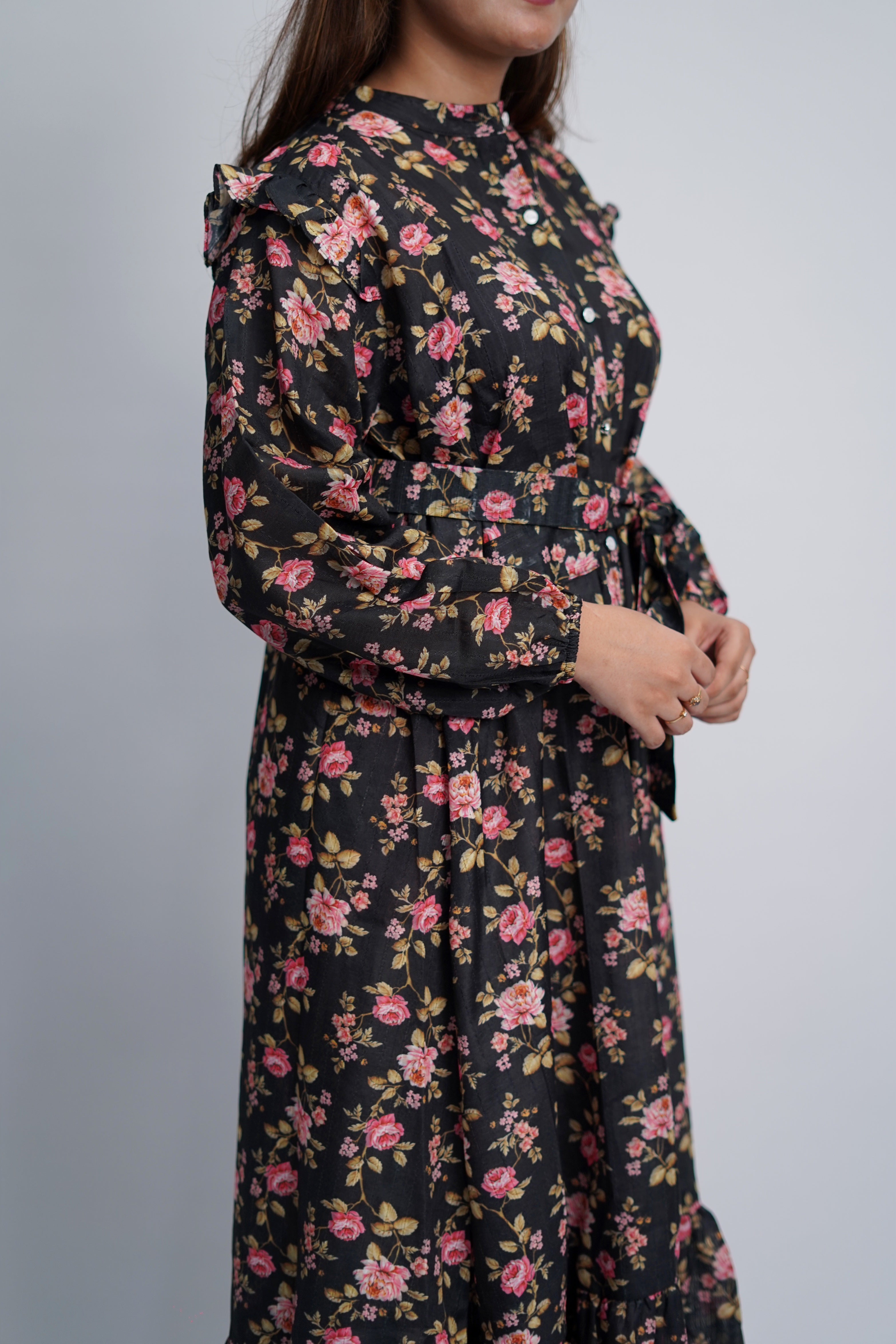 Ashlyn Black Floral Cotton Long Dress