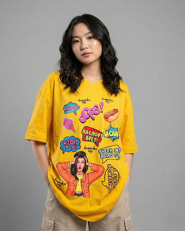 Gossip Girl Graphic Vneck Drop Shoulder Oversized Tee Yellow
