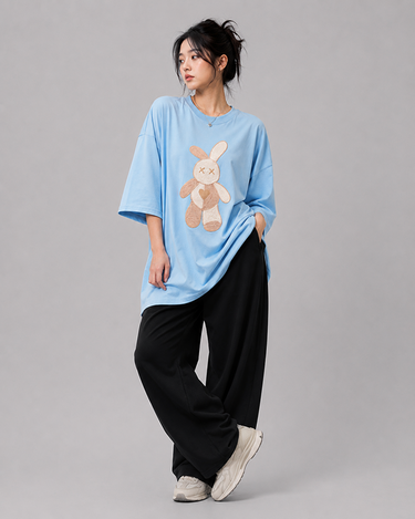 Teddy Caramel Embroidered Patched Drop Shoulder Oversized Tee Sky Blue