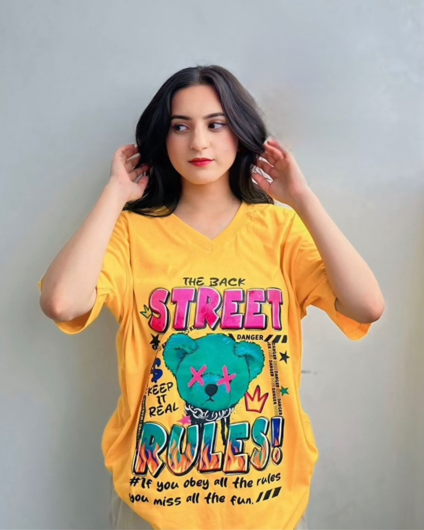 Street Rules Graphic Vneck Drop Shoulder Oversized Tee Yellow