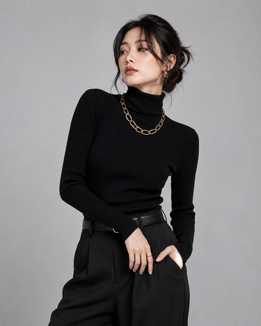 Turtleneck Ribbed Knitted Sweater Black